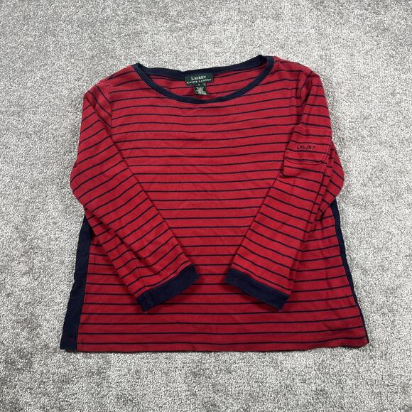 Lauren Ralph Lauren T Shirt Womens Medium Nautical Stripe Pocket Red Blouse - Picture 1 of 13